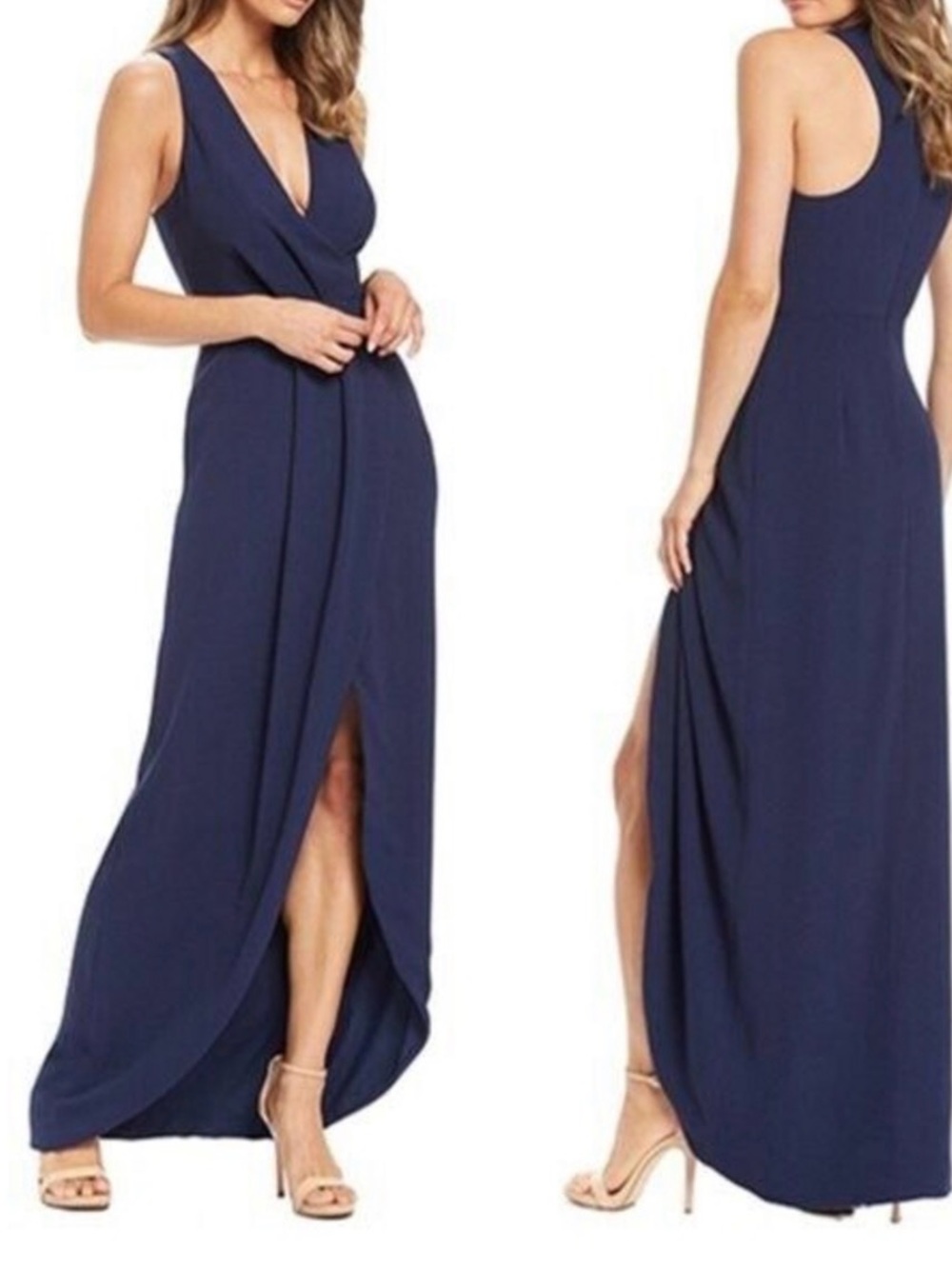 Dress the Population Navy Sleeveless Wrap-Front Maxi Dress